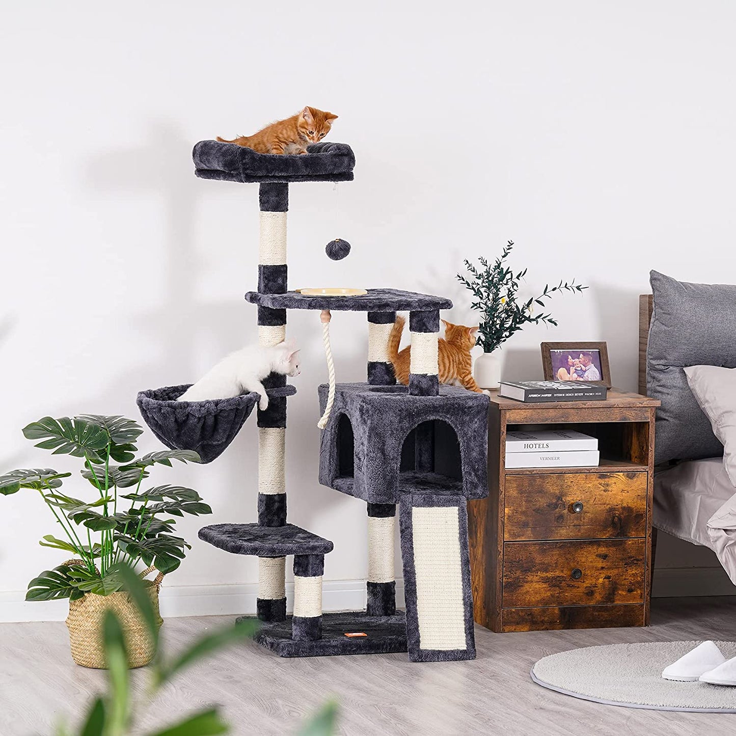Stylish Smoky Gray Cat Tree Tower with Scratching Board & Feeding Bowl - Perfect Multi-Level Condo for Indoor Cats!